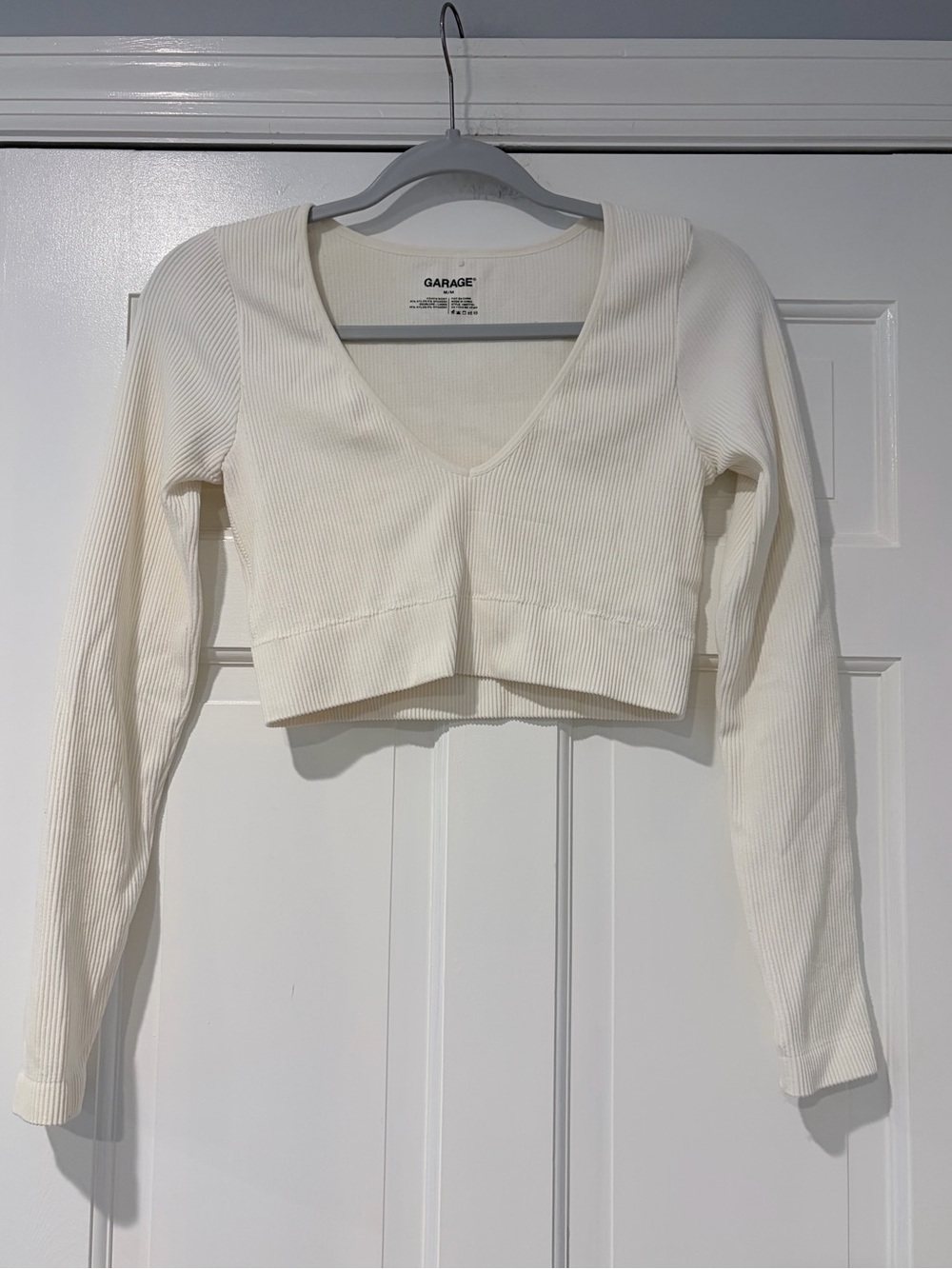 Garage Ivory Ribbed V-Neck Long Sleeve Crop Top